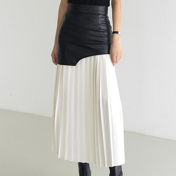 Micas Contrast Pleated Faux Leather white Midi Skirt size 2xlarge - Picture 1 of 11
